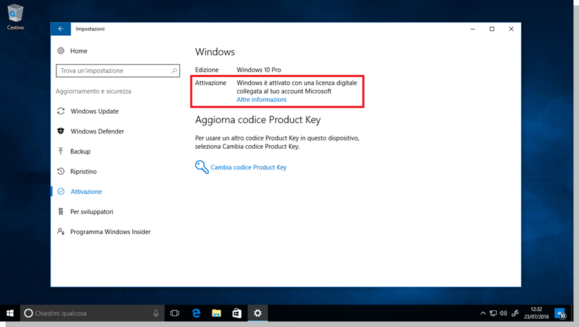 Windows 10 - Esempio di licenza digitale collegata all'account Microsoft