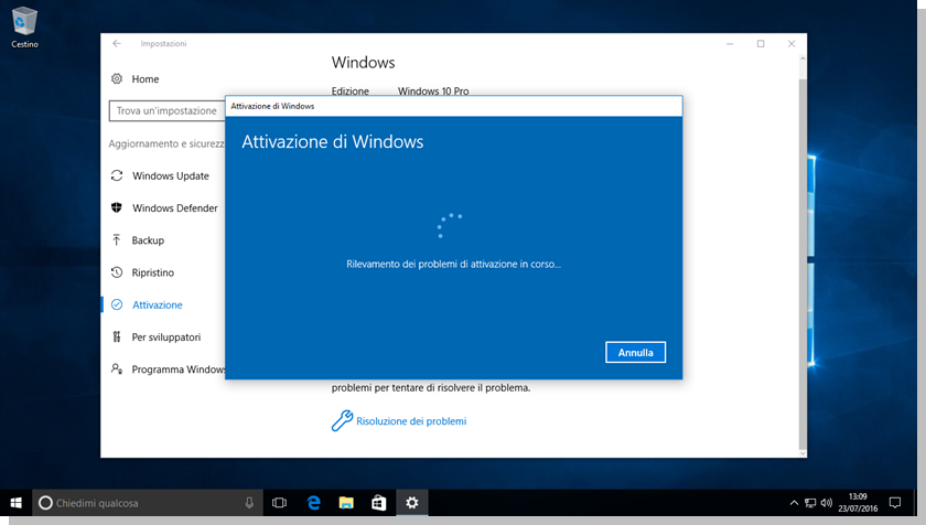 Windows 10 - Schermata rilevamento problemi di attivazione