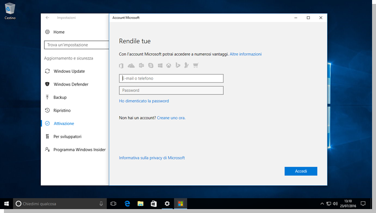 Windows 10 - Aggiunta di un account Microsoft