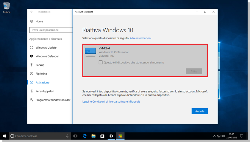 Windows 10 - Schermata Riattiva Windows selezionando un dispositivo precedente
