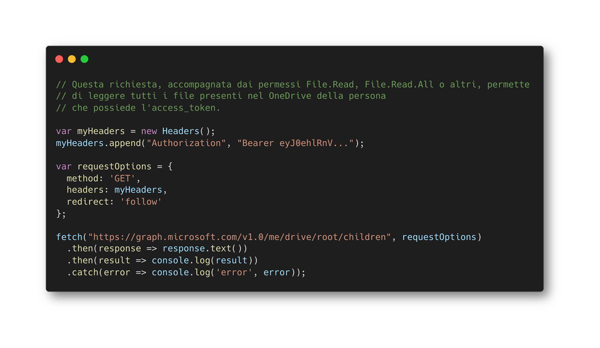 OneDrive Files Microsoft Graph con richiesta HTTP RESTful utilizzando Javascript